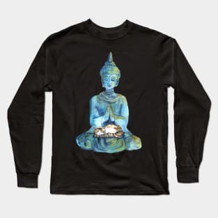 Watercolor Stone Buddha Statue with Sleeping Calico Cat Long Sleeve T-Shirt